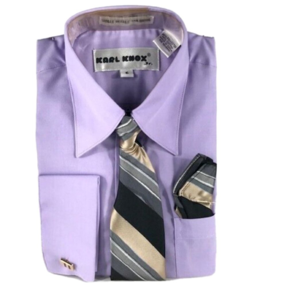 Karl Knox Boys' Lavender Dress Shirt Black Gray Beige Silver Tie & Hanky Size 6